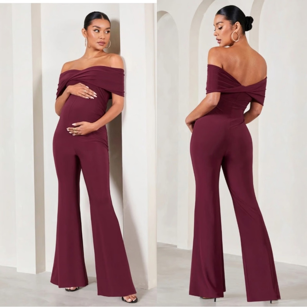 Elisa Burgundy Bardot Maternity Jumpsuit | Club L London